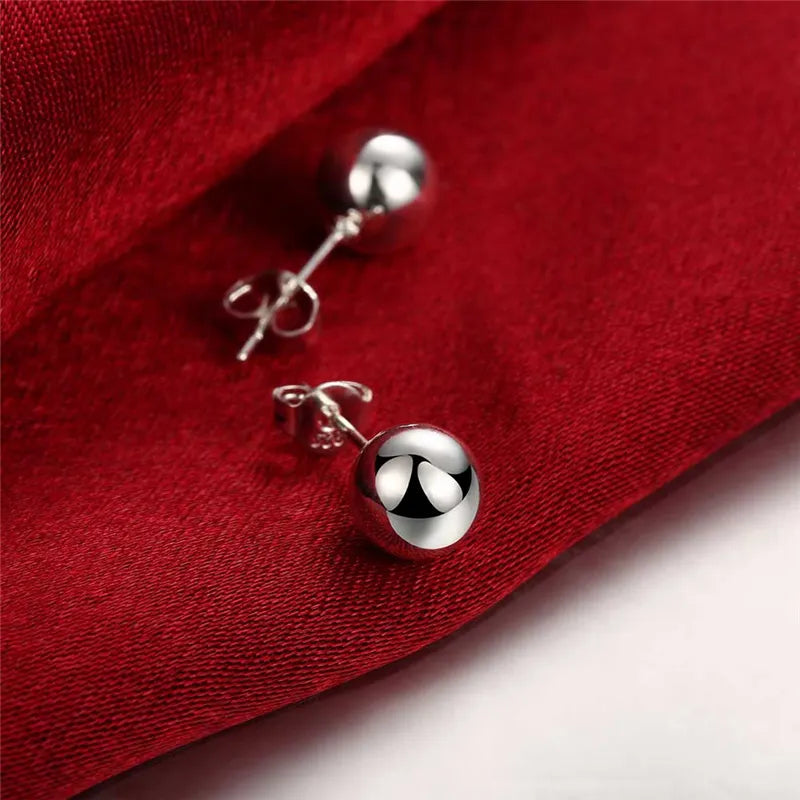 Sterling Silver 8/10/12mm Round Smooth Solid Bead Ball Stud Earrings For Women Wedding Engagement Party Jewelry