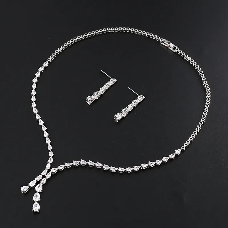 Teardrop Cubic Zirconia CZ Necklace and Earring Elegant Wedding Bridal Jewelry Set