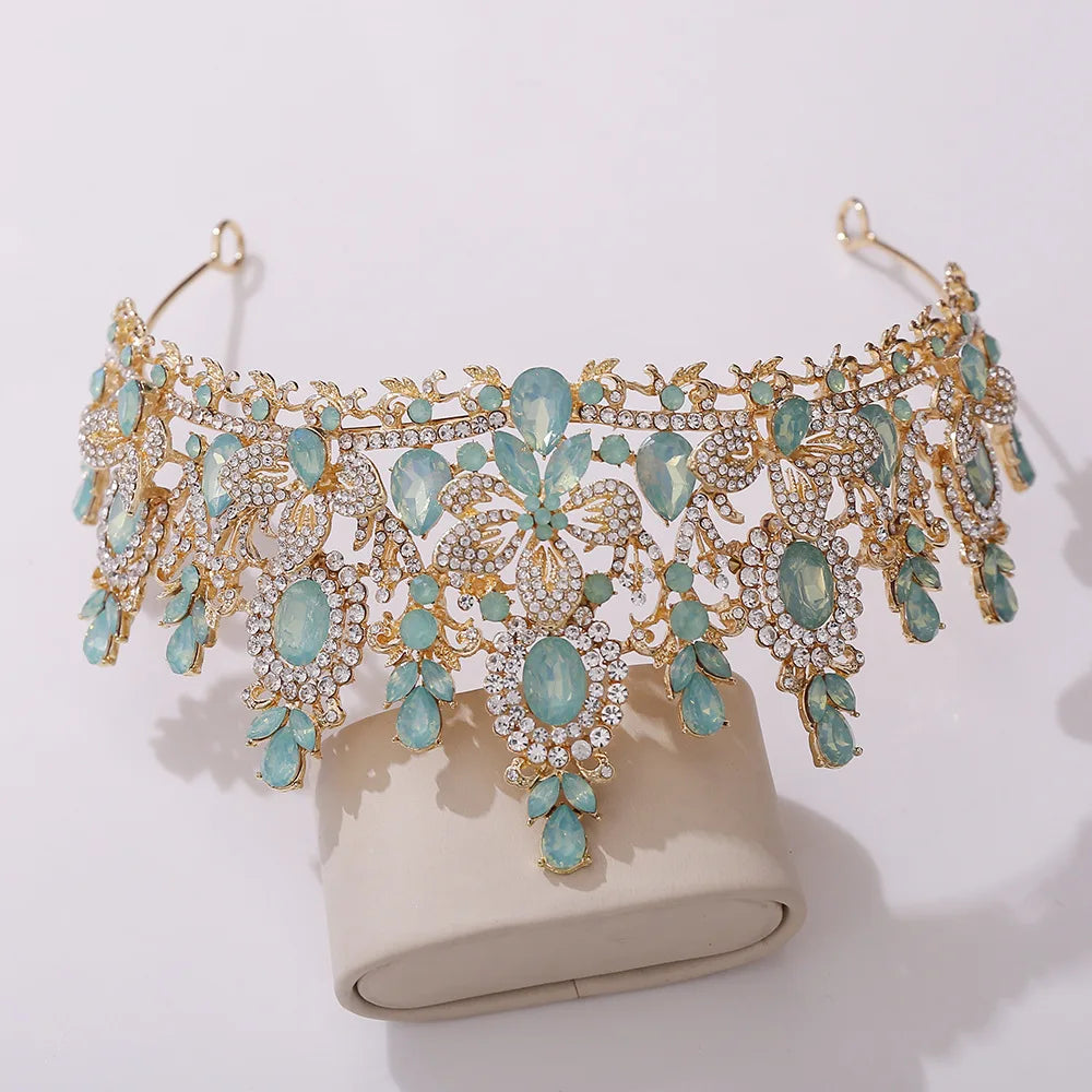 Opal Royal Queen Wedding Crown Rhinestone Crystal Bridal Diadem Pageant Headdress Bride Tiara Hair Jewelry Accessory