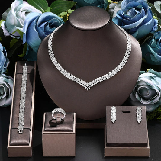 Nigeria 4pcs Bridal Zirconia Jewelry Sets For Women Party, Luxury Dubai Nigeria platinum plating CZ Crystal Wedding Jewelry Sets