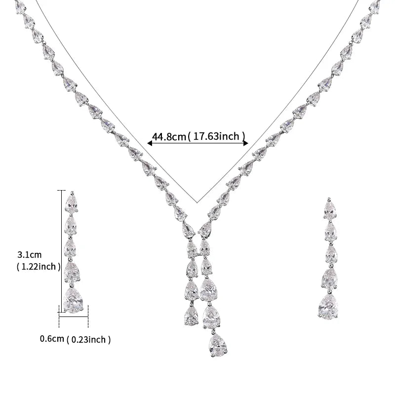 Teardrop Cubic Zirconia CZ Necklace and Earring Elegant Wedding Bridal Jewelry Set