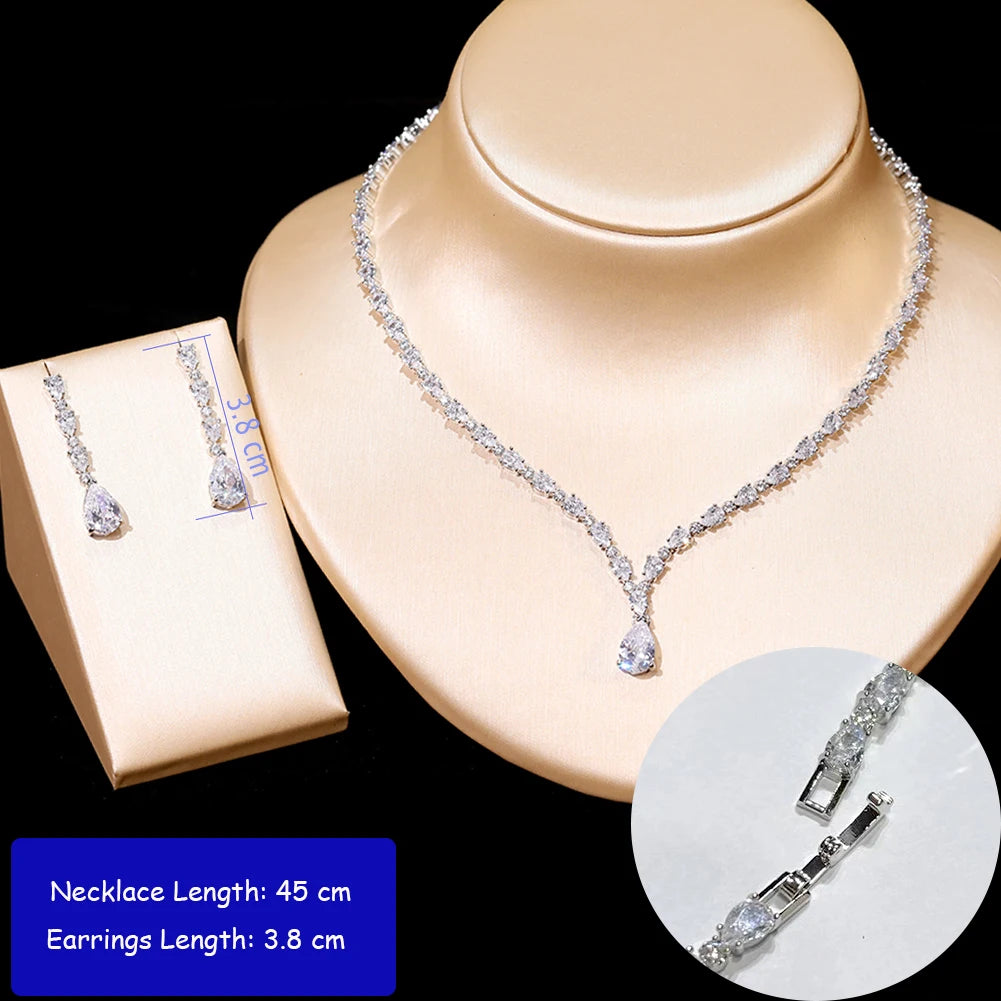 Dazzling Cubic Zirconia Wedding Necklace Water Drop Earrings 2 Piece Set Women's Clothing Party Jewelry Set Accessories