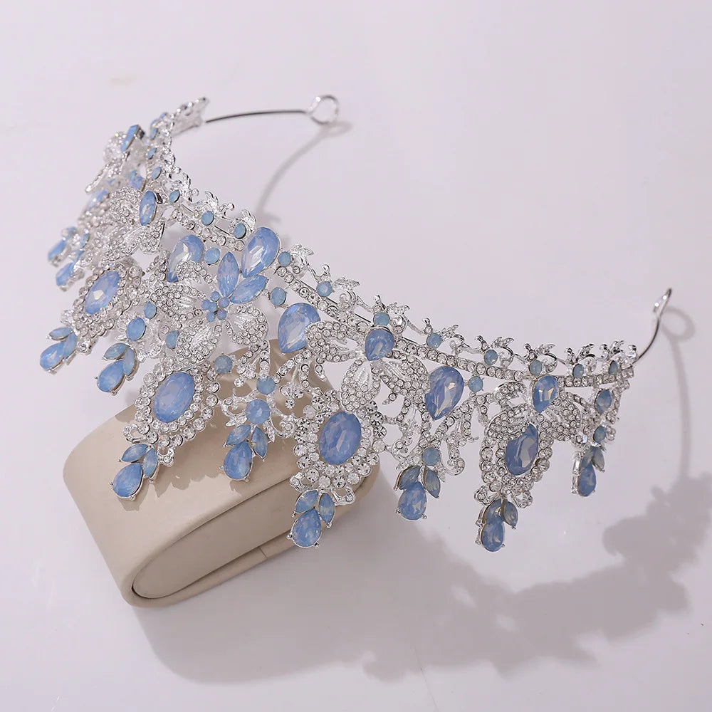 Opal Royal Queen Wedding Crown Rhinestone Crystal Bridal Diadem Pageant Headdress Bride Tiara Hair Jewelry Accessory